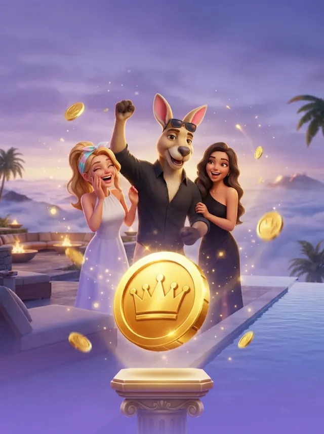 Golden RooRoll coin on a poolside podium, the crypto casino welcome bonus
